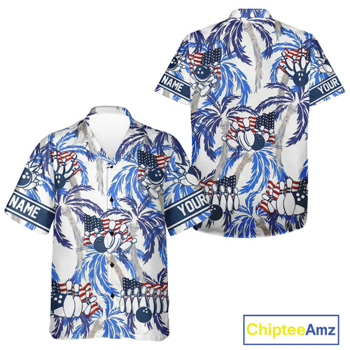 Blue Palm tropical pattern American Flag Bowling Hawaiian shirt custom bowling team button up shirt NQS11097