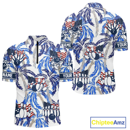 Blue Palm tropical pattern American Flag Bowling shirts For Men custom bowling team jerseys NQS11097