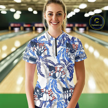 Load image into Gallery viewer, Blue Palm tropical pattern American Flag Bowling shirts For Women custom bowling team jerseys NQS11097