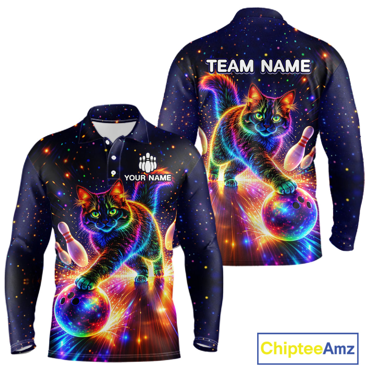 Personalized Bowling Shirts for Men Custom Cat Team Bowling Apparel, Colorful Neon bowling shirts NQS11517