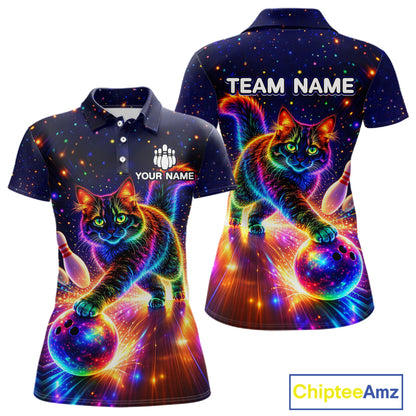 Personalized Bowling Shirts for Women Custom Cat Team Bowling Apparel, Colorful Neon bowling shirts NQS11517