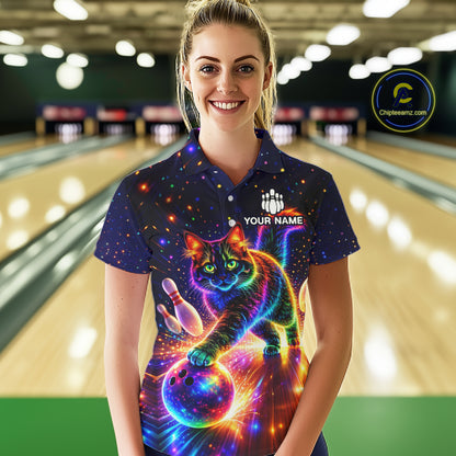 Personalized Bowling Shirts for Women Custom Cat Team Bowling Apparel, Colorful Neon bowling shirts NQS11517