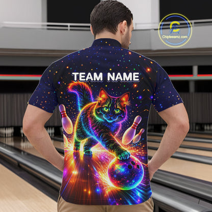 Personalized Bowling Shirts for Men Custom Cat Team Bowling Apparel, Colorful Neon bowling shirts NQS11517