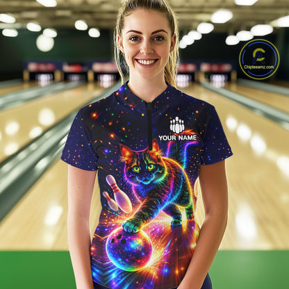 Personalized Bowling Shirts for Women Custom Cat Team Bowling Apparel, Colorful Neon bowling shirts NQS11517