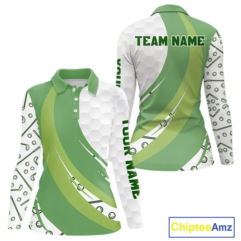 White and Green Golf pattern polo golf shirt for Women Custom ladies's golf outfit, unique golf gifts NQS11107