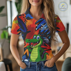 Custom Funny Colorful Graffiti Alligator Golf Polo Shirt For Women, Personalized ladies golf wear NQS10736