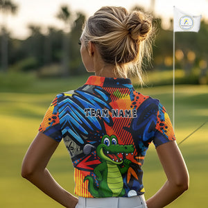 Custom Funny Colorful Graffiti Alligator Golf Polo Shirt For Women, Personalized ladies golf wear NQS10736