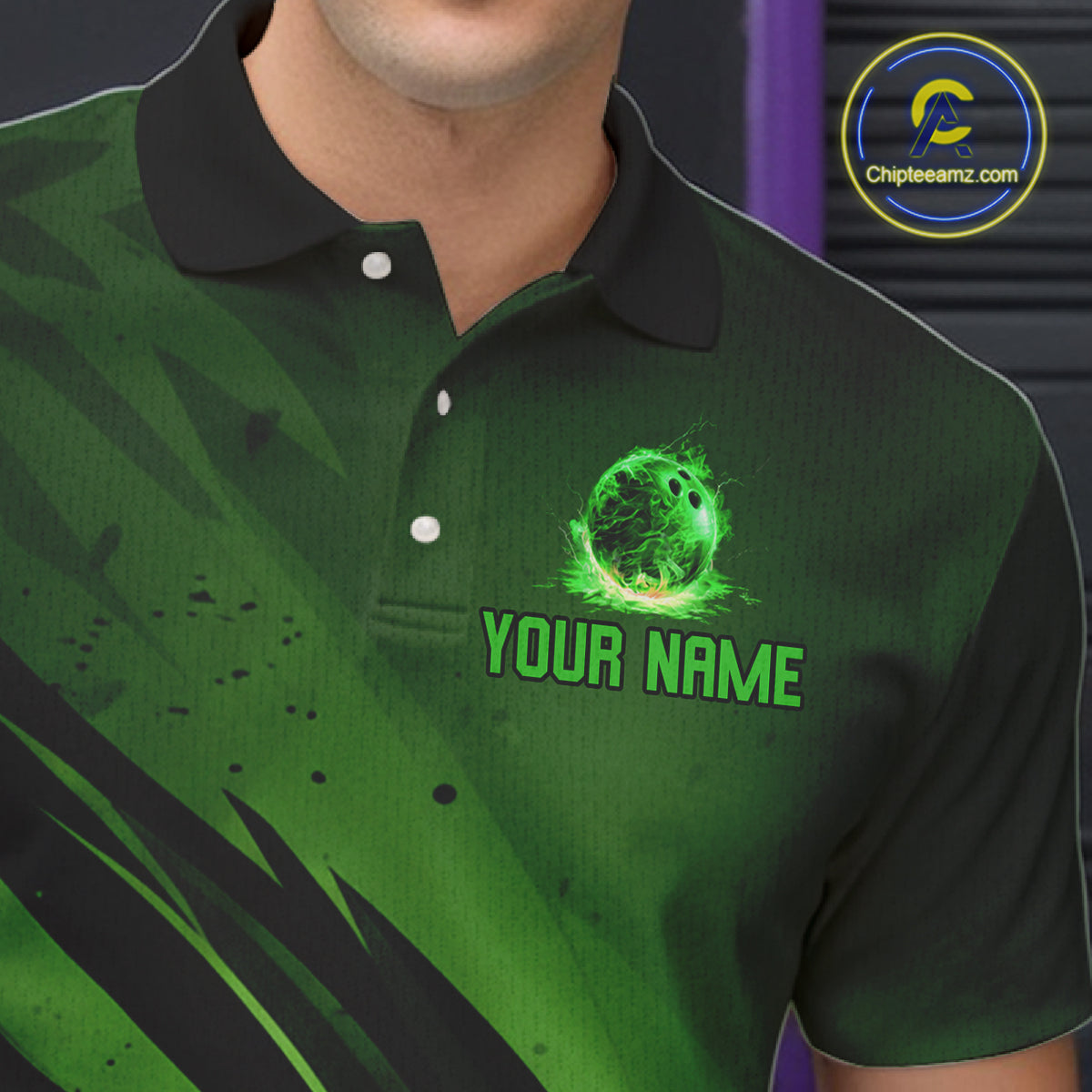 Custom Black and Green Flame Mens Bowling Shirts, Bowling Polo, 1/4 Zip Team Jerseys NQS11130