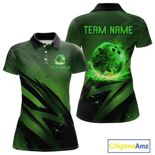 Custom Black and Green Flame Womens Bowling Shirts, Bowling Polo, 1/4 Zip Team Jerseys NQS11130