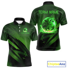Load image into Gallery viewer, Custom Black and Green Flame Mens Bowling Shirts, Bowling Polo, 1/4 Zip Team Jerseys NQS11130