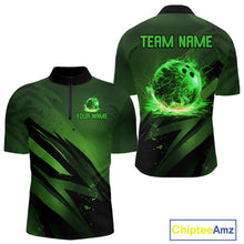 Load image into Gallery viewer, Custom Black and Green Flame Mens Bowling Shirts, Bowling Polo, 1/4 Zip Team Jerseys NQS11130