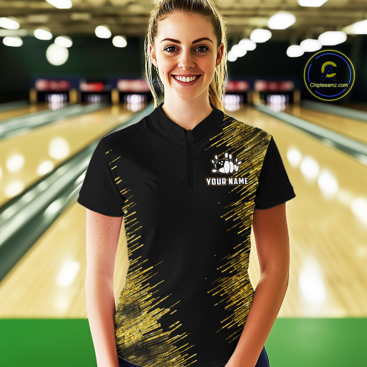 Black and Gold Flame Bowling Shirts For Women Custom Team Bowling jerseys, Gift For Bowlers NQS11342