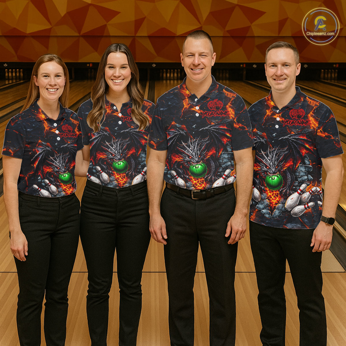 Custom Black & Orange Magma Dragon Bowling Shirts, Dragon Bowling Team Polo, 1/4 zip Jersey For Women NQS11559