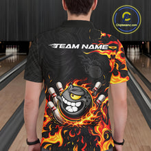 Load image into Gallery viewer, Funny Angry Bowling Polo, 1/4 Zip Shirt for Men Custom Black and Orange Flame Bowling Team jerseys NQS11683