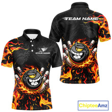 Load image into Gallery viewer, Funny Angry Bowling Polo, 1/4 Zip Shirt for Men Custom Black and Orange Flame Bowling Team jerseys NQS11683