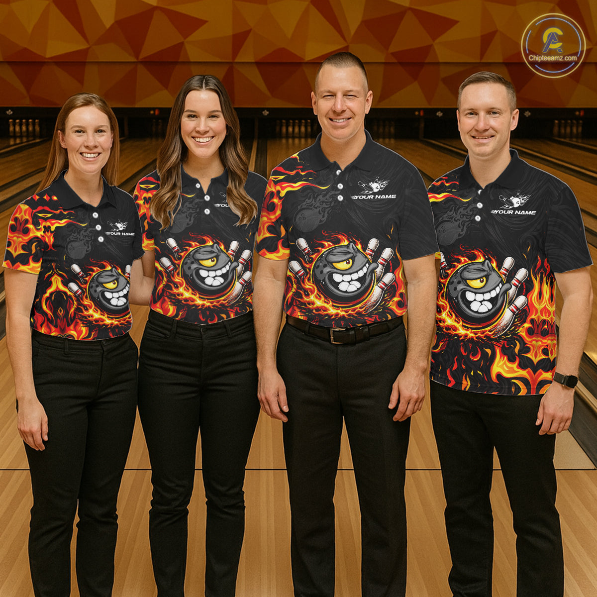 Funny Angry Bowling Polo, 1/4 Zip Shirt for Men Custom Black and Orange Flame Bowling Team jerseys NQS11683
