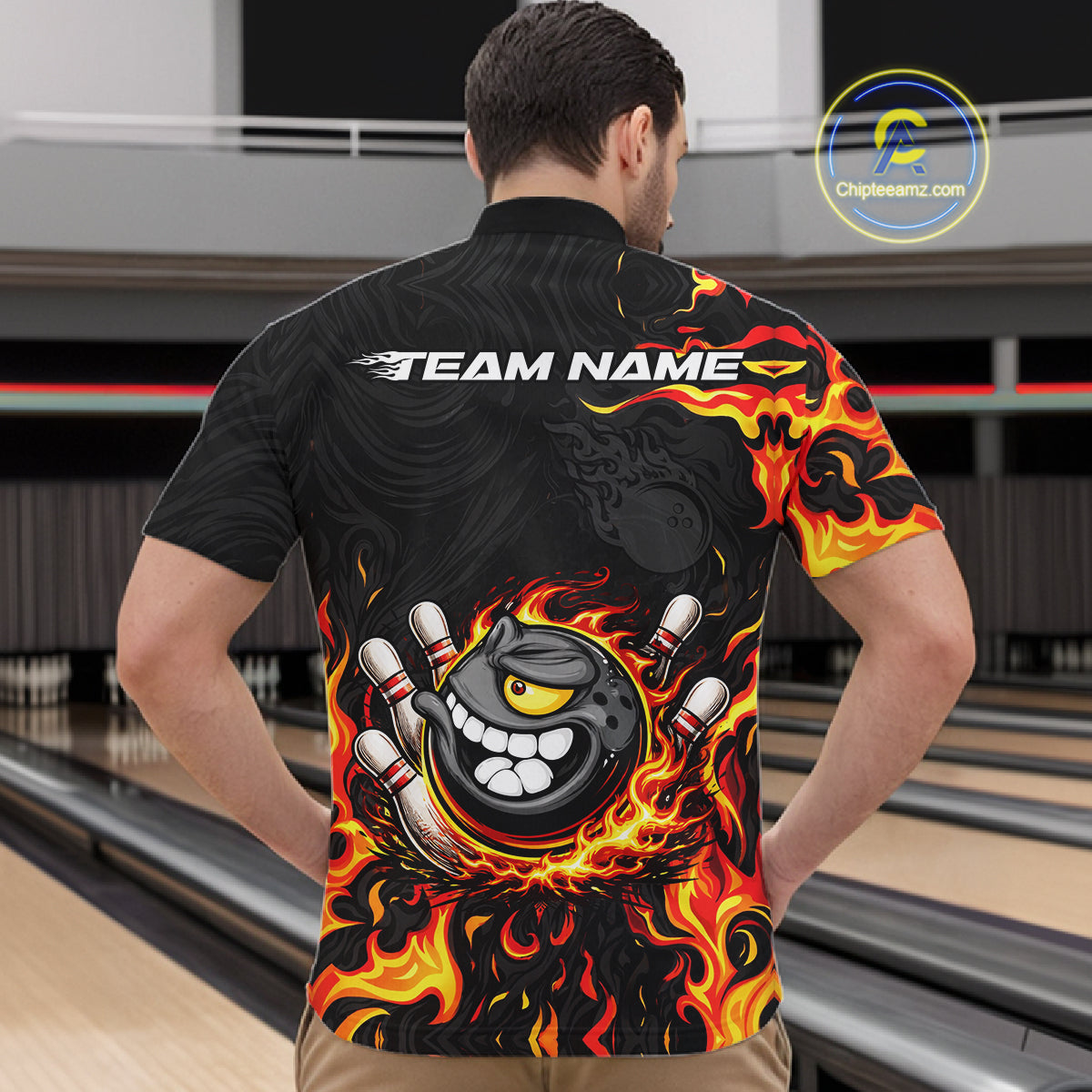 Funny Angry Bowling Polo, 1/4 Zip Shirt for Men Custom Black and Orange Flame Bowling Team jerseys NQS11683