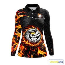 Load image into Gallery viewer, Funny Angry Golf Ball Golf Polo Shirts For Women Custom Black and Orange Flame ladies golf apparel NQS11684
