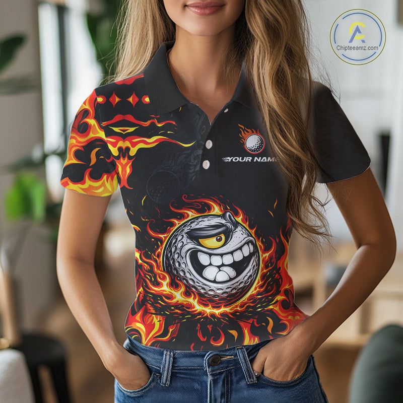 Funny Angry Golf Ball Golf Polo Shirts For Women Custom Black and Orange Flame ladies golf apparel NQS11684