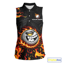 Load image into Gallery viewer, Funny Angry Golf Ball Sleeveless Golf Polo Shirt Custom Black and Orange Flame ladies golf apparel NQS11684
