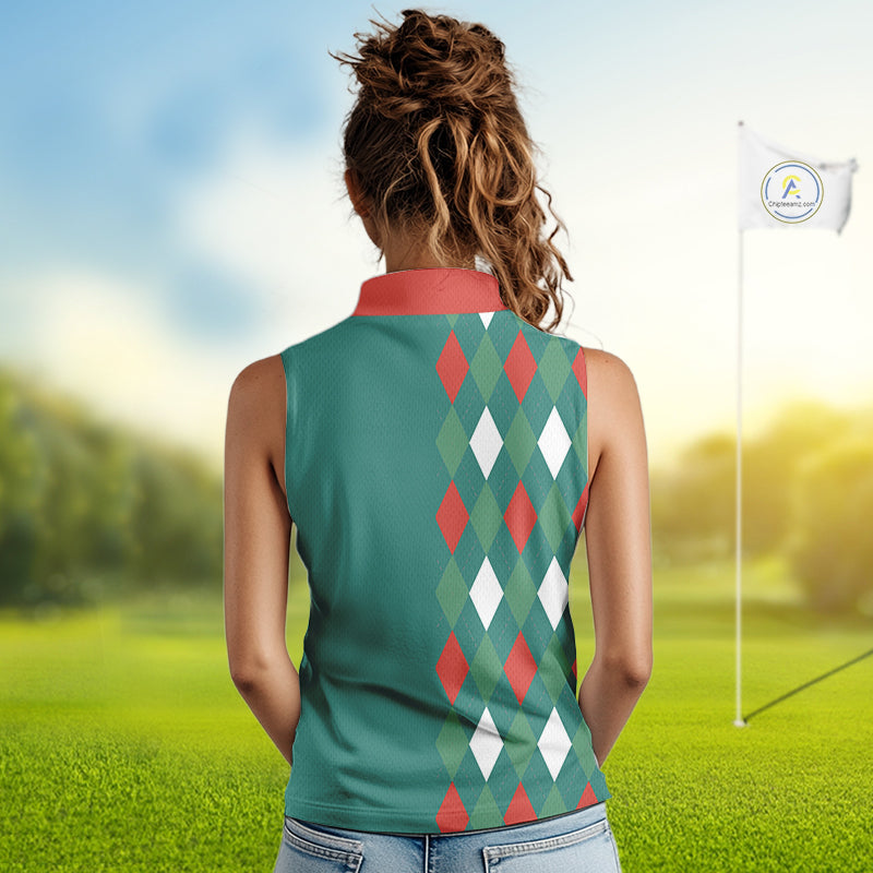 Green, Red & White Christmas argyle pattern Skull Sleeveless Polo Shirt Custom ladies golf outfit NQS10770
