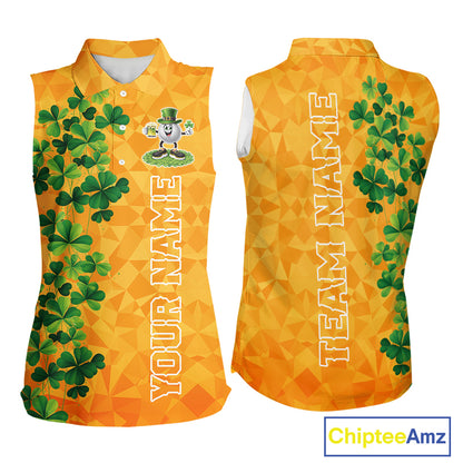 Orange pattern Green clovers St Patrick's Day Sleeveless Golf shirt Custom best golf gifts for ladies NQS11697