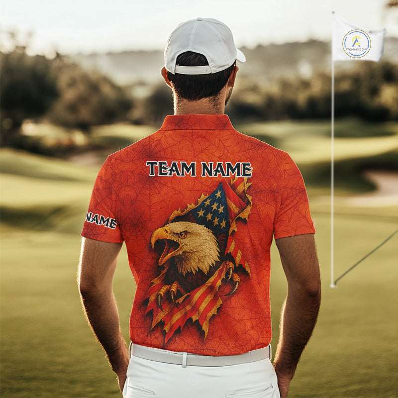 American Flag Eagle Orange spider web Halloween Golf Polo Shirt For Men Custom mens golf outfit NQS10774