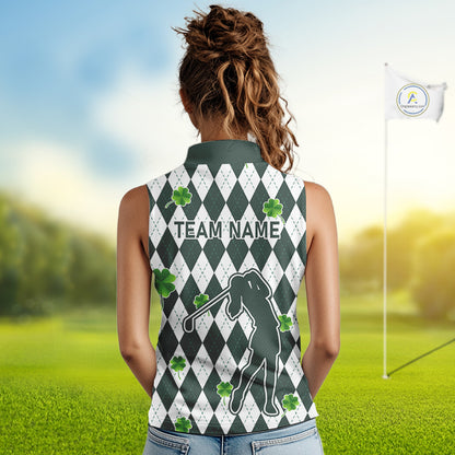 Green argyle pattern lucky shamrock Sleeveless Polo Shirt Custom St. Patrick's ladies golf outfit NQS10775