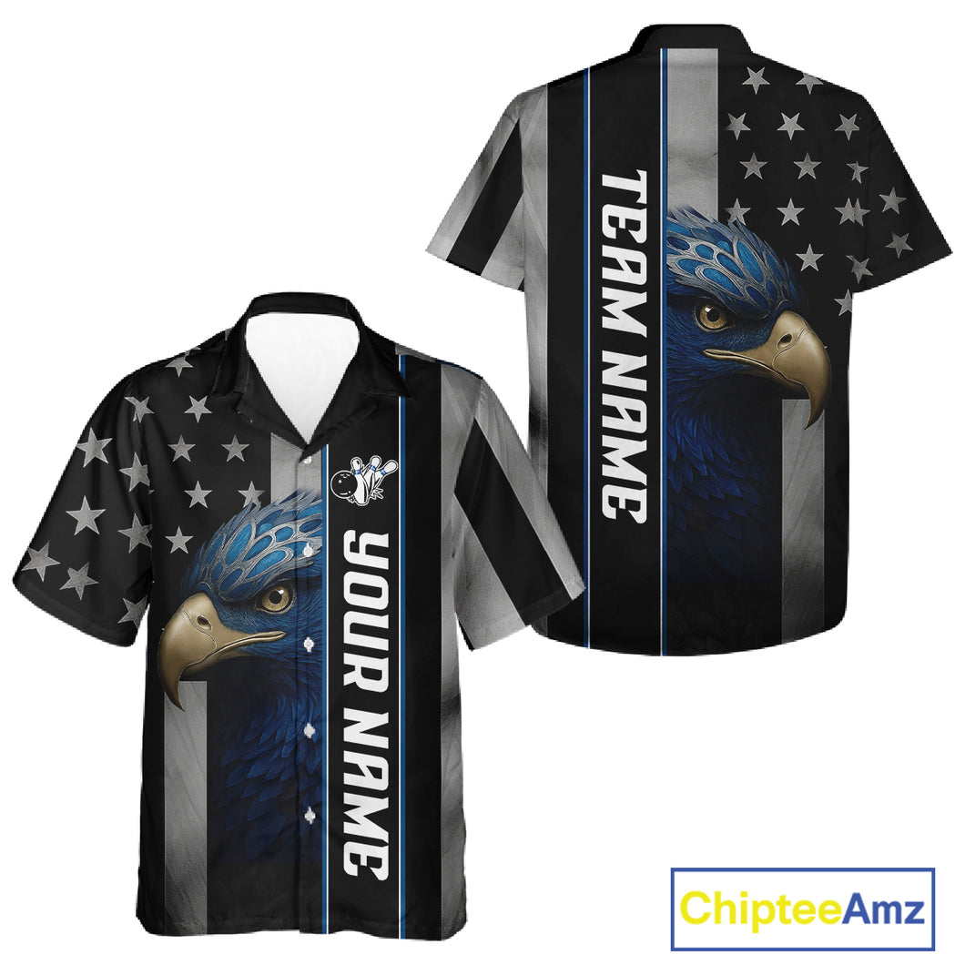 Black American Flag Eagle Bowling Hawaiian Shirts Custom Patriotic Bowling Team Jerseys NQS11152
