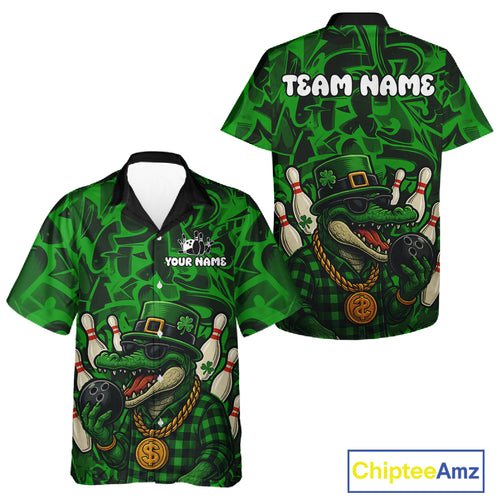 Funny Alligator Bowling Hawaiian Shirt Custom Green graffiti pattern St Patrick Bowling Team Jersey NQS11161