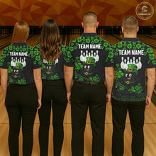 Load image into Gallery viewer, Black and Green Shamrock Funny Bowling Shirts For Women Custom St Patrick&#39;s Day Bowling Team Jersey NQS11163