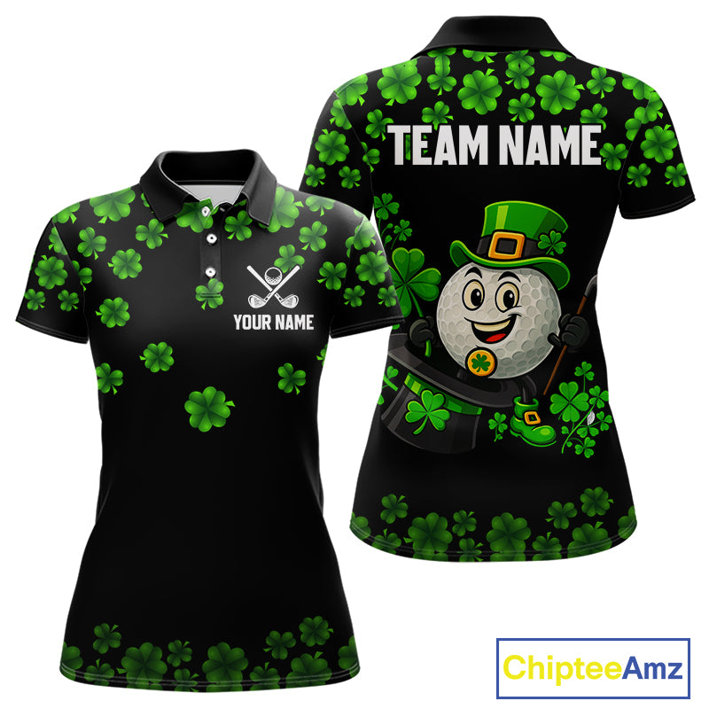 Black and Green Shamrock Funny Golf Polo Shirt For Women Custom St Patrick's Day ladies golf outfit NQS11164