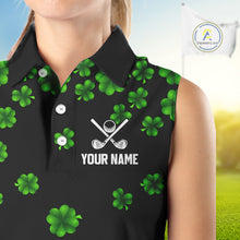 Load image into Gallery viewer, Black and Green Shamrock Funny Sleeveless Golf Polo Shirt Custom St Patrick&#39;s Day ladies golf outfit NQS11164