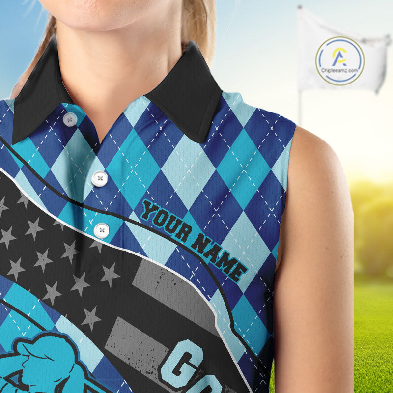 Personalized womens golf shirts sleeveless blue argyle pattern American Flag patriotic golf shirts NQS11368