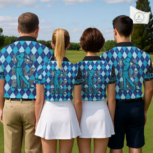 Load image into Gallery viewer, Personalized golf polo shirts for men blue argyle pattern black American Flag patriotic golf shirts NQS11368