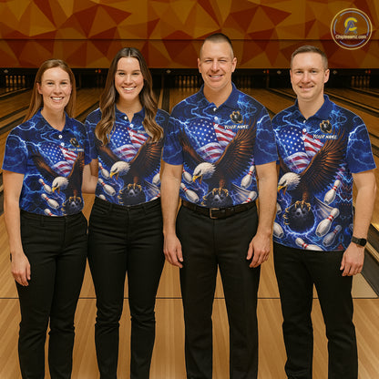 Blue Lightning Thunder US Flag Eagle Bowling Shirts for Men Custom Patriotic Team Bowling Jerseys NQS11580