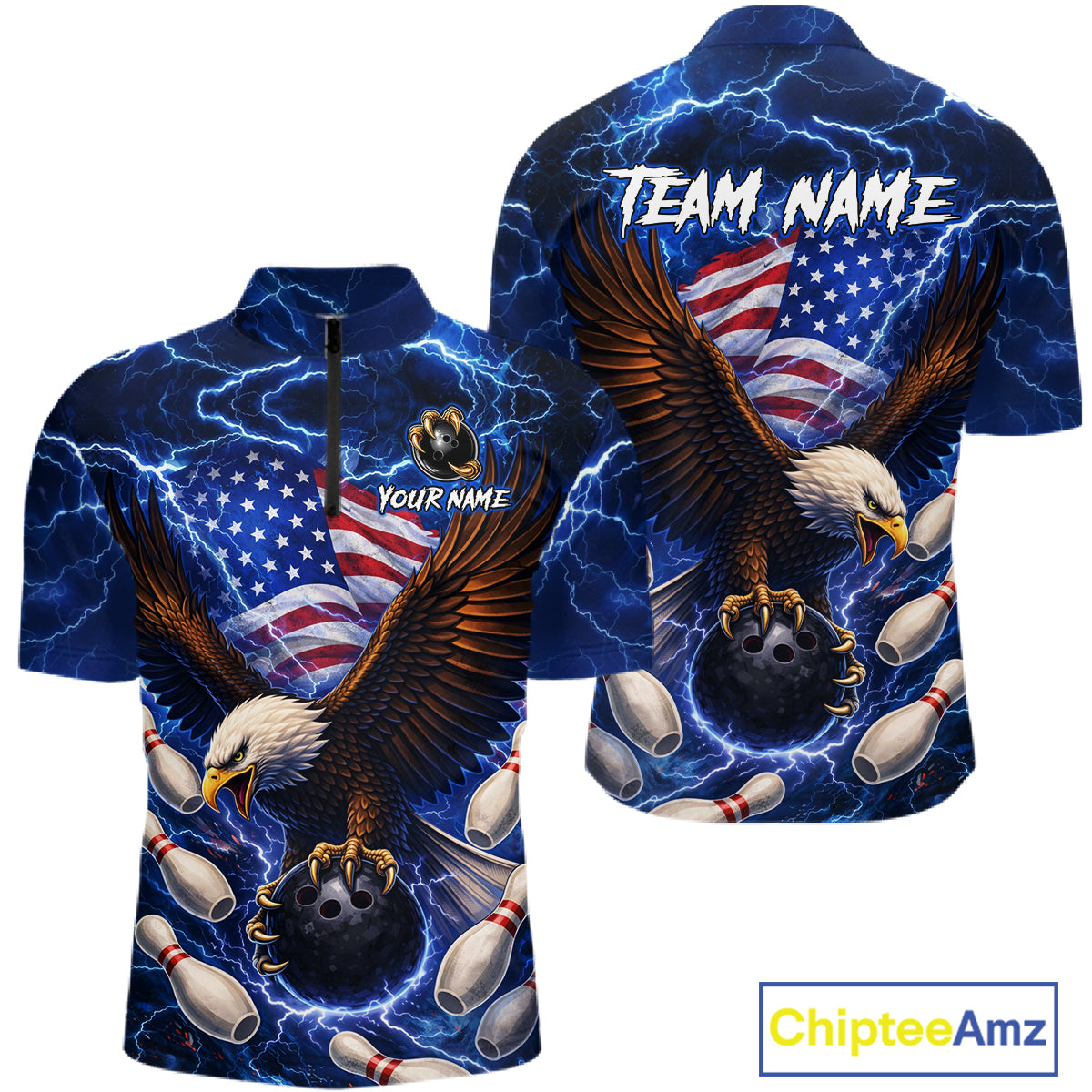 Blue Lightning Thunder US Flag Eagle Bowling Shirts for Men Custom Patriotic Team Bowling Jerseys NQS11580