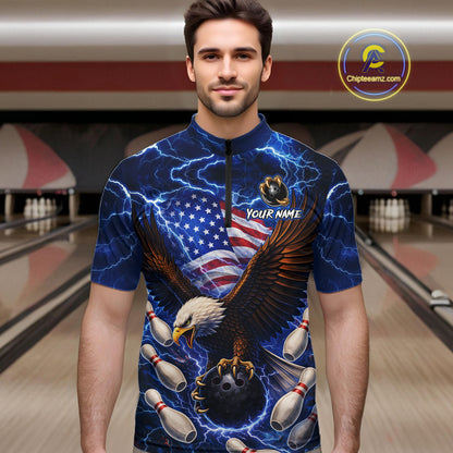 Blue Lightning Thunder US Flag Eagle Bowling Shirts for Men Custom Patriotic Team Bowling Jerseys NQS11580