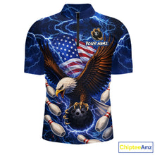 Load image into Gallery viewer, Blue Lightning Thunder US Flag Eagle Bowling Shirts for Men Custom Patriotic Team Bowling Jerseys NQS11580
