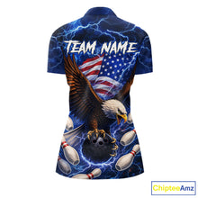 Load image into Gallery viewer, Blue Lightning Thunder US Flag Eagle Bowling Shirts for Women Custom Patriotic Team Bowling Jerseys NQS11580