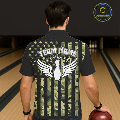 Black and Green Camo American Flag Bowling Hawaiian Shirt Custom patriotic Bowling Team shirt NQS11177