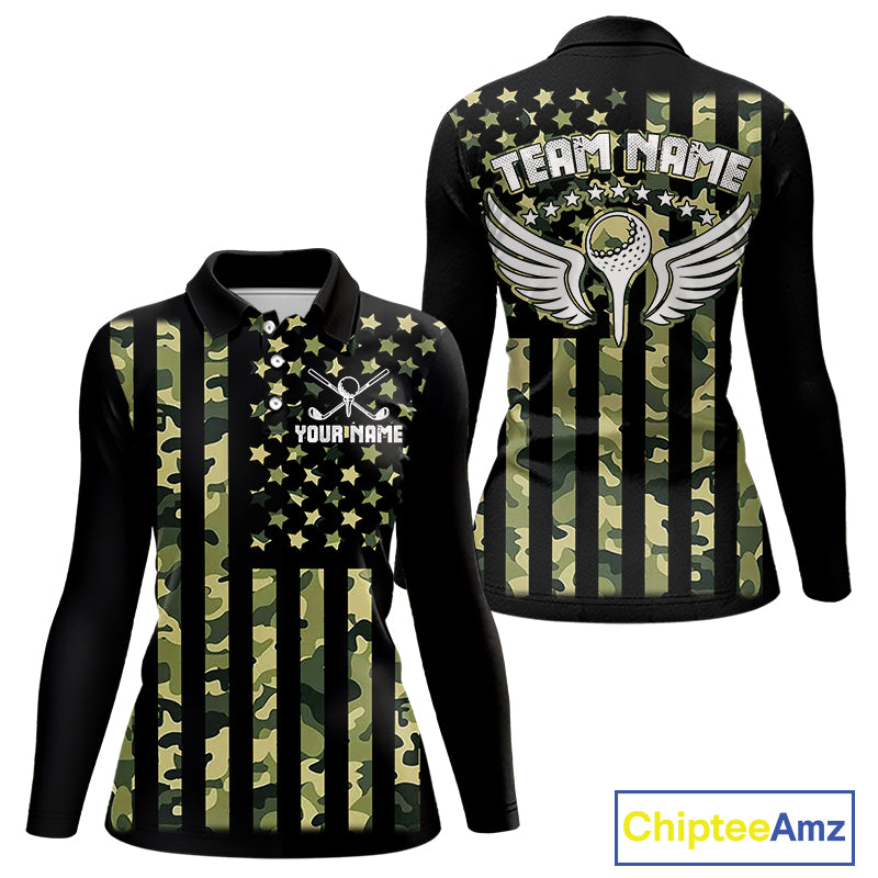 Black and Green Camo American Flag Golf Polo Shirts For Women Custom patriotic ladies's golf clothing NQS11178