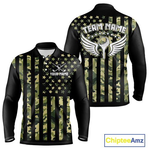 Black and Green Camo American Flag Golf Polo Shirts For Men Custom patriotic men's golf clothing NQS11178
