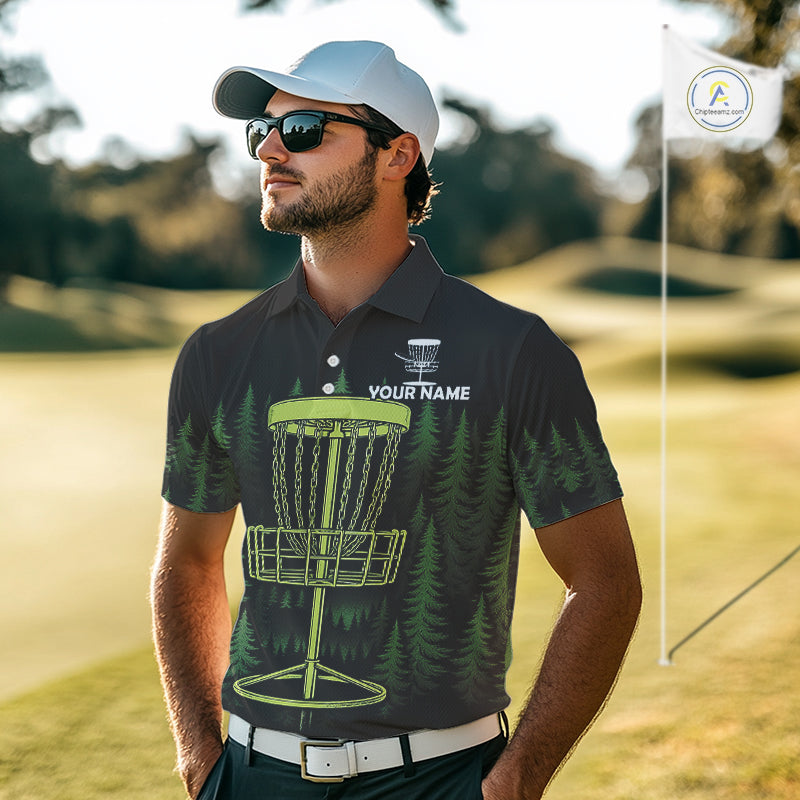 Black and Green Forest Disc Golf basket Mens Disc golf polo shirts Custom team disc golf attire NQS10801