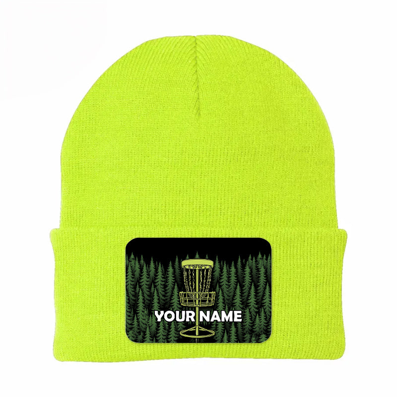Green Forest Disc Golf basket custom name Rectangle Patch Disc Golf Knit Beanie Hat NQS10802