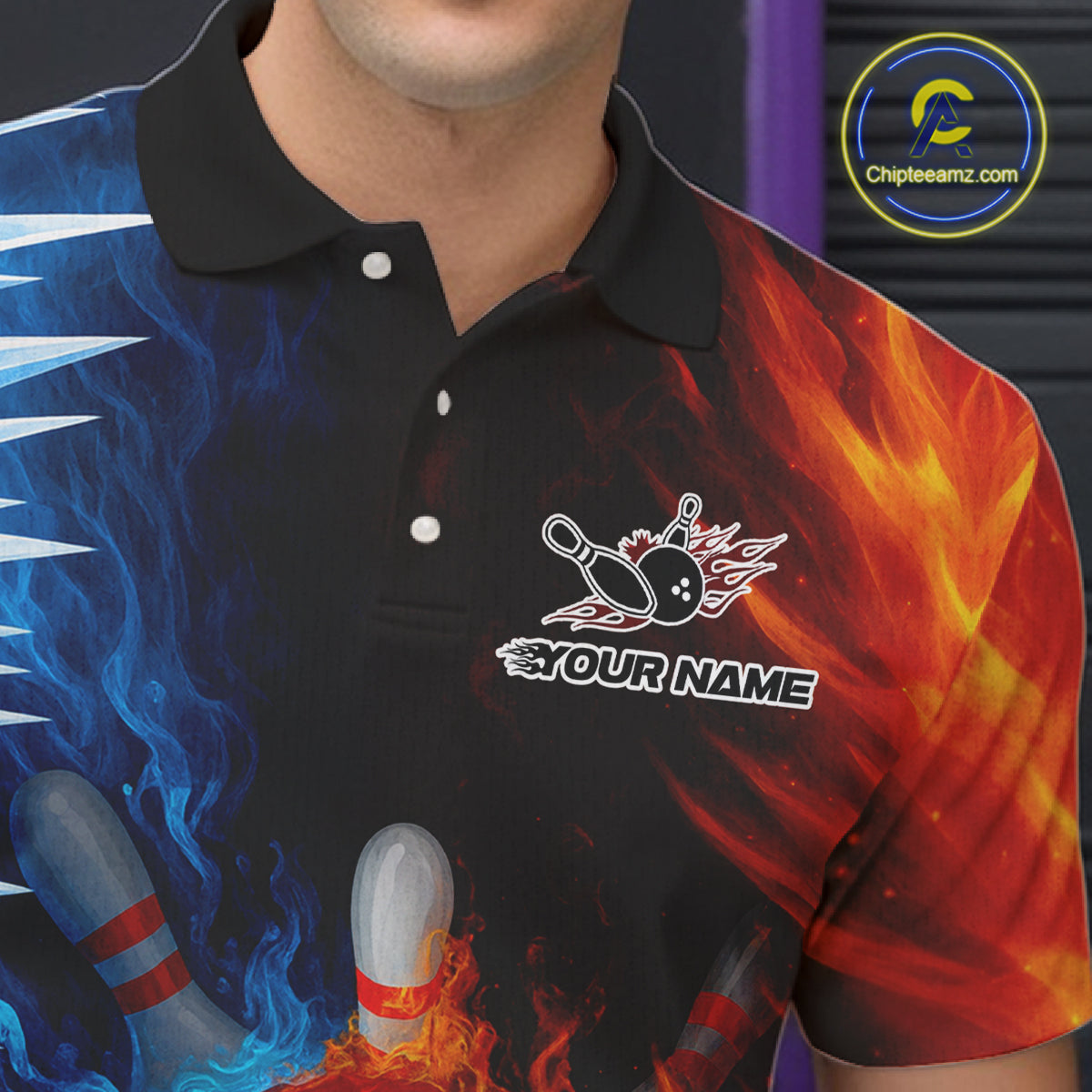 Fire and Ice Pattern Bowling Polo, Quarter Zip Shirts For Men Custom Flame Team Bowling Jerseys NQS11184