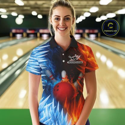Fire and Ice Pattern Bowling Polo, Quarter Zip Shirts For Women Custom Flame Team Bowling Jerseys NQS11184