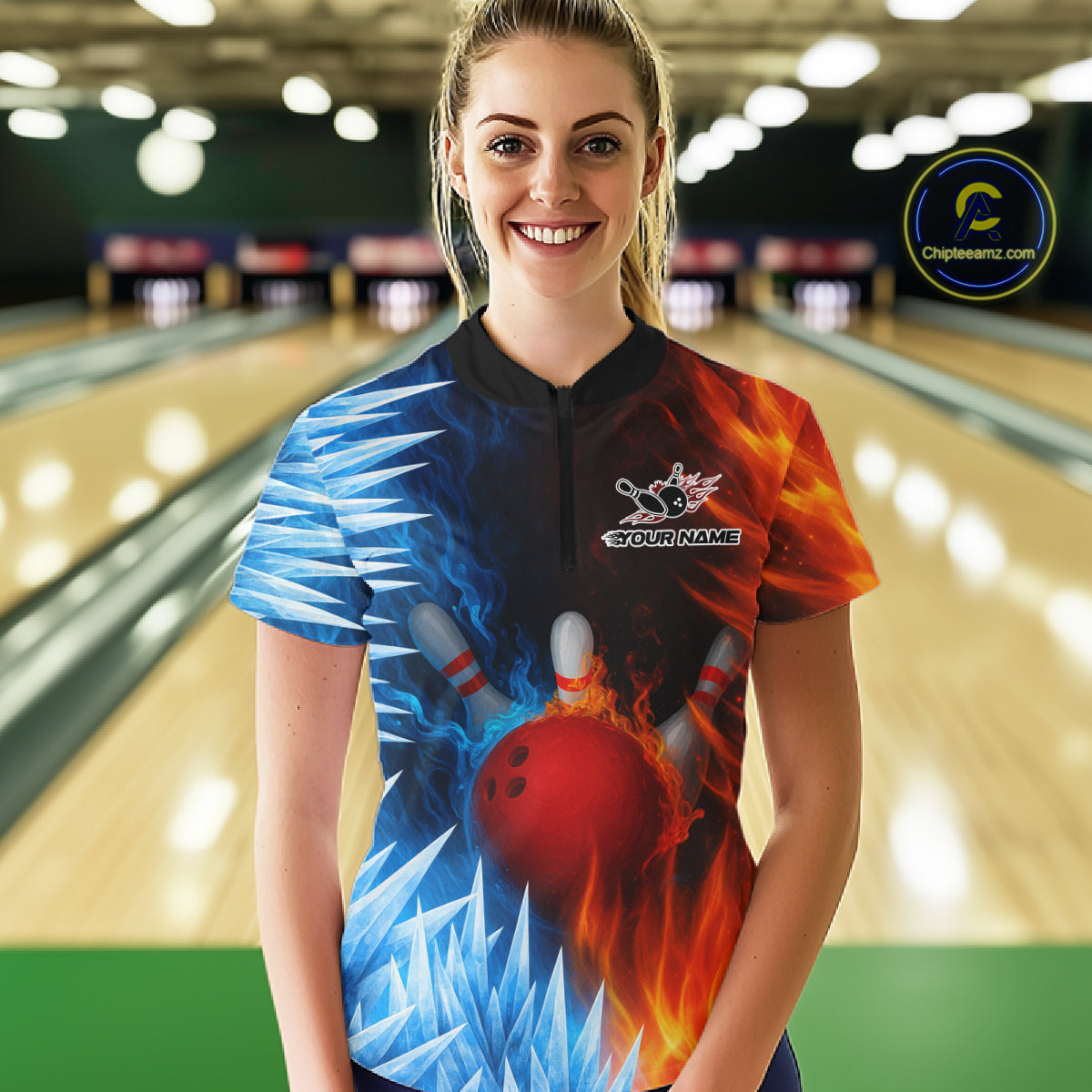 Fire and Ice Pattern Bowling Polo, Quarter Zip Shirts For Women Custom Flame Team Bowling Jerseys NQS11184