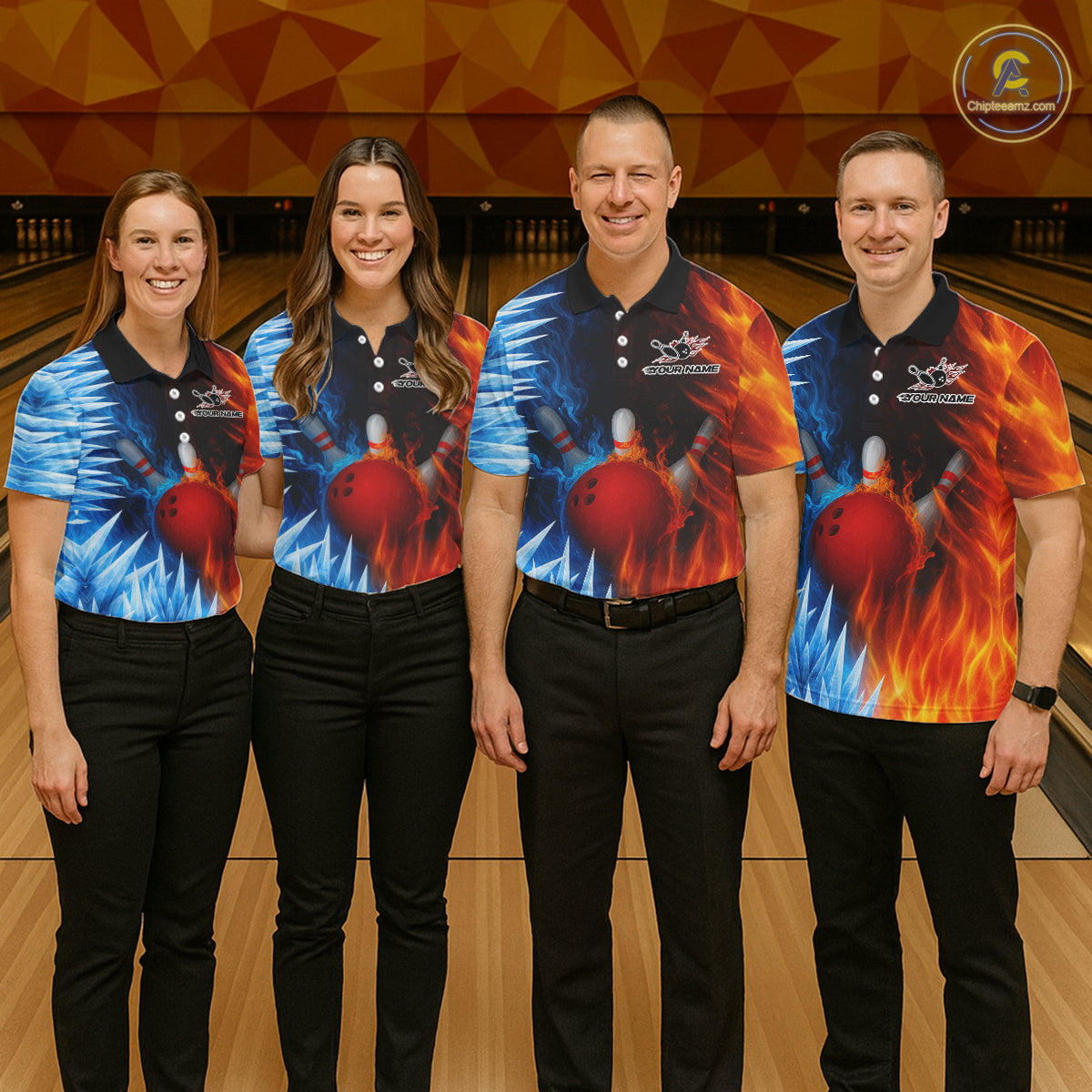 Fire and Ice Pattern Bowling Polo, Quarter Zip Shirts For Men Custom Flame Team Bowling Jerseys NQS11184
