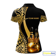 Load image into Gallery viewer, Black and Gold crown Bowling ball pins Polo, Quarter Zip Shirts for Women Custom Bowling Team jerseys NQS11592